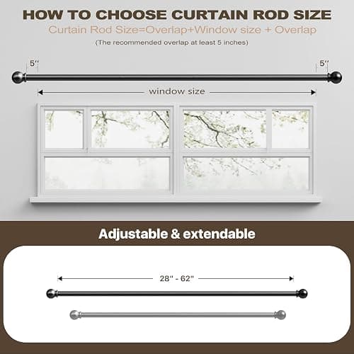 Black Curtain Rod 28 to 60 inch, Splicing Adjustable 5/8 Diameter Drapery Rod Set with Brackets, Heavy Duty Metal Standard Curtain Rod for Living Room, Bedroom, Easy Install Wall Mount thumbnail 7