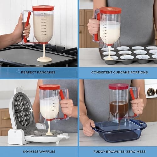 Pancake Batter Dispenser - Kitchen Must Have Tool for Perfect Pancakes, Cupcake, Waffle, Muffin Mix, Cake & Crepe - Easy Pour Baking Supplies for Griddle - Pancake Maker with Measuring Label (Red) thumbnail 3