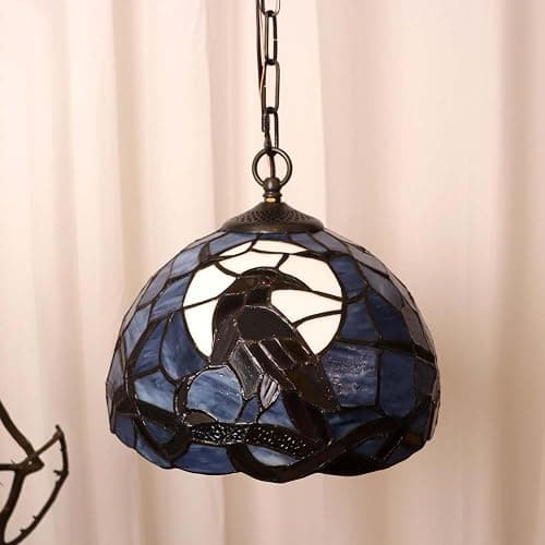 Bieye L10978 Raven Tiffany Style Stained Glass Ceiling Pendant Light (Dark Blue, 12 inches Wide) thumbnail 4