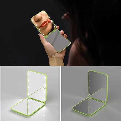 Kintion Pocket Mirror, 1X/3X Magnification LED Compact Travel Makeup Mirror with Light for Purse, 2-Sided, Portable, Folding, Handheld, Small Lighted Mirror for Gift, Light Green thumbnail 3