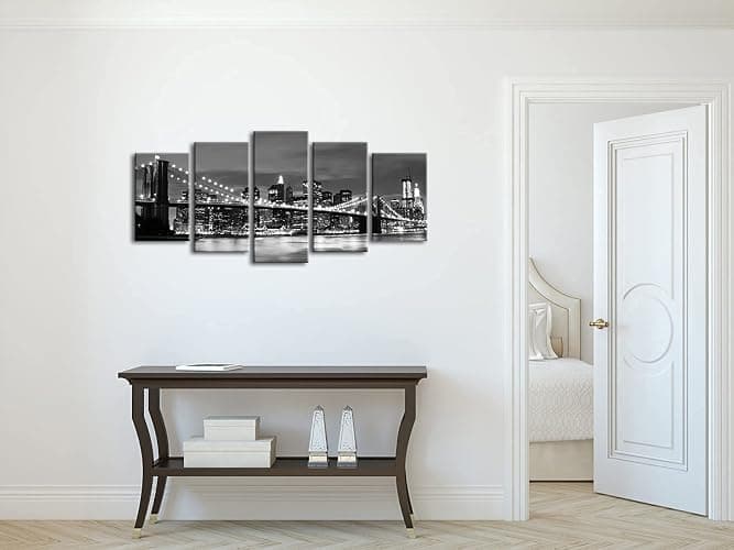 Wieco Art New York Brooklyn Bridge Canvas Wall Art Night View 5 Panels Modern Landscape Artwork Canvas Prints Abstract Pictures to Photo Canvas Wall Decor for Home & Office Decorations thumbnail 8
