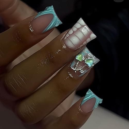 French Tip Press on Nails Duck Nails Press on Medium Fake Nails with 3D Water Ripple Designs Glue on Nail Charms Full Cover Glossy False Nails for Women Acrylic Nail 24Pcs thumbnail 3