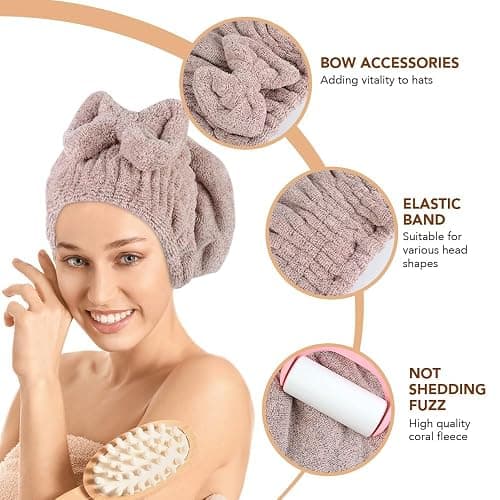 SUNLAND Large Microfiber Hair Drying Caps with Bow knot Fast Drying Shower Cap Soft and Absorbent hairWrap Hair Turban Bath Caps for Curly Thick and wet Hair 11 X 13.4 inch 2 Pack Brown thumbnail 4