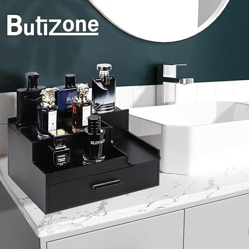 Butizone Cologne Organizer for Men, 3 Tier Perfume Stand Holder with Drawer and Hidden Compartment, Cologne Display Shelf for Dresser, Great Gift for Man/Father, Black thumbnail 2