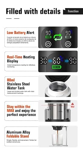 VHV Cafetière Portable 3 en 1,Rechargeable Cafetière Portable de Voyage,12V Expresso Machine a Cafe pour Capsule,Café Moulu,pour Camping,Voyage,Bureau,Voiture,Maison (Gris) thumbnail 9