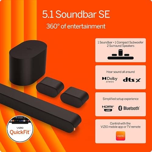 VIZIO 5.1 Soundbar SE, Wireless Subwoofer, Surround Sound w/Dolby Atmos & DTS:X, Bluetooth Speaker, QuickFit™ Compatible – SV510X-08 (New, 2024 Model) thumbnail 2