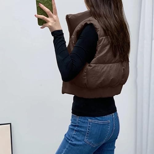 Shiyifa Women's Fashion High Neck Zipper Cropped Puffer Vest Jacket Coat thumbnail 2