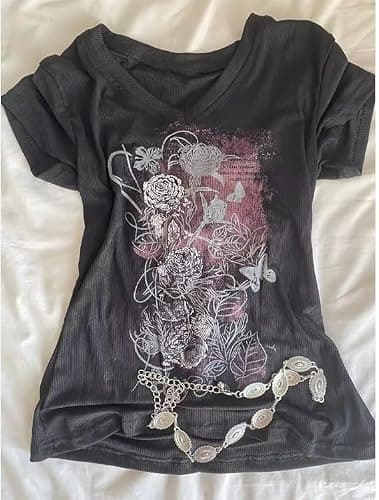 Grunge Shirts 2000s Clothing Women Vintage Graphic Tees Y2k Short Sleeve Goth Tops Teens Emo Clothes Streetwear thumbnail 4