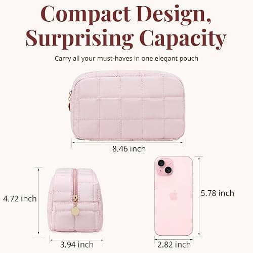 LOVELYWIND Makeup Bag for Women, Travel Cosmetic Bag Organizer with Compartments, Quilted Puffy Toiletry Pouch for Brushes, Essentials and Accessories, Pink thumbnail 8