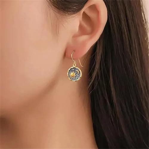MALOYANVE Vintage Sun and Moon Drop Dangle Earrings for Women Unique lightweight Handmade Retro Boho Antiqued Gold Silver Round Coin Earrings for Women Jewelry thumbnail 3