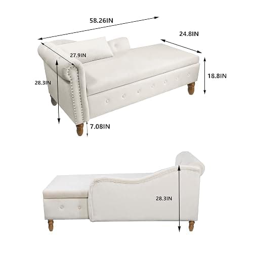 58.26 in Corner Lounge Sofa with Storage Upholstered Velvet Fabric Chaise Lounge Chair Indoor with Pillow & Nailhead Trim, Modern Sleeper Sofa Bed for Bedroom, Living Room & Apartment (Beige) thumbnail 2