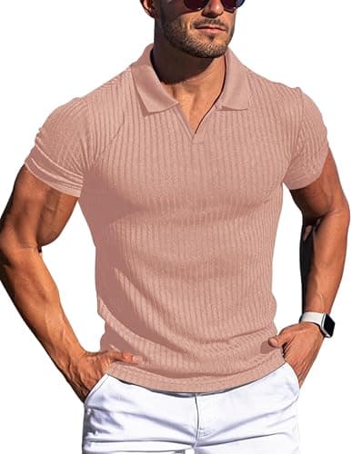 Gnvviwl Men's Muscle V Neck Polo Shirts Slim Fit Short Long Sleeve Cotton Golf T-Shirts Ribbed Knit - Image 1