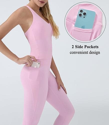 OMKAGI 2 Piece Workout Sets for Women Padded Workout Tops Booty Leggings with Pockets Gym Sets thumbnail 4