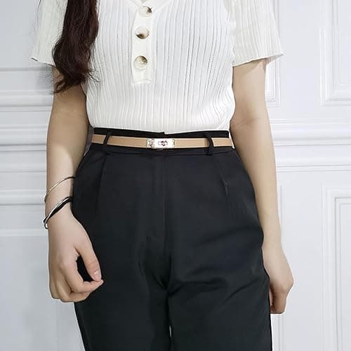 FENLDY Adjustable Thin Belts For Womens Skinny Belts For Dresses Womens Solid Color Alloy Turn Lock Belts For Jeans - Light Khaki Belt With Gold Buckle thumbnail 4