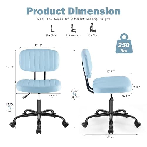 DUMOS Armless Home Office Executive Chair - Small Desk Chair with Low Back Lumbar Support, Height Adjustable PU Leather Computer Task Chair with 360° Swivel Wheels, for Adults, Blue thumbnail 2