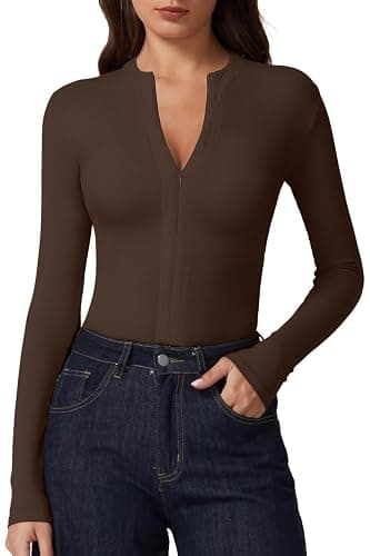 QINSEN Long Sleeve Shirts for Women V Neck Half Zipper Ribbed Knit Going Out Tops Full Length Basic Tee - Image 1