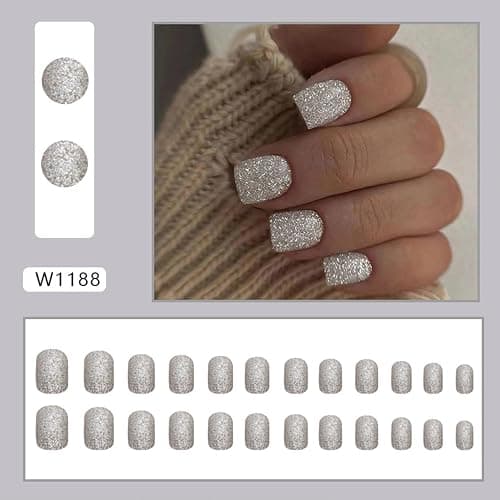 Glitter Press on Nails Square Short Fake Nail Full Cover Sparkly False Nails Acrylic Stick on Nails Reusable Shine Artificial Glue on Nail for Women 24Pcs thumbnail 2