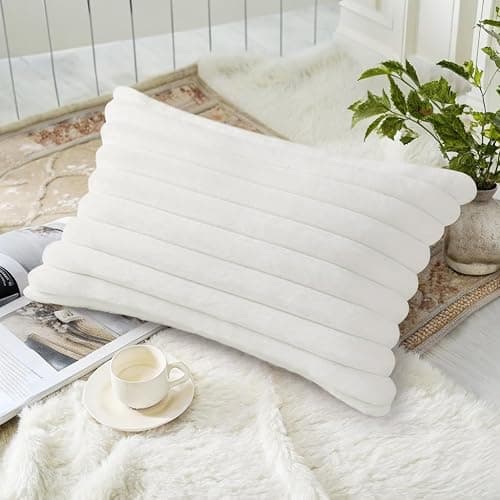 decorUhome Fall Faux Fur Throw Pillow Covers 12x20 Set of 2 White | Decorative Soft Cozy Striped Plush Modern Farmhouse Boho Couch Pillow Cases Velvet Back for Sofa Bed Living Room Home Decor thumbnail 2