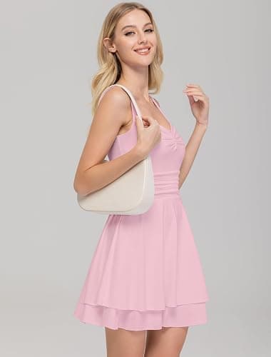 IWD Women's Square Neck Sleeveless Mini Dress Ruched Waist Tiered Ruffle Hem A Line Short Dresses thumbnail 3