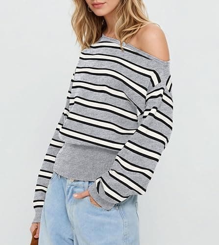 Cioatin Women One Off Shoulder Striped Crop Sweater Asymmetric Long Sleeve Loose Pullover Y2K Cute Knitwear Tops Fall Outfits thumbnail 2