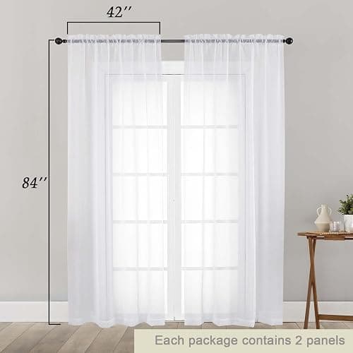WelvetBLK White Sheer Curtains 84 Inches Long 2 Panels Set for Bedroom Living Room, Soft Airy Light Filtering Modern Solid Rod Pocket Drapes Window Treatments, White, Each 42" W x 84" L thumbnail 2