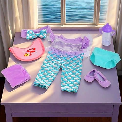 18INDC Baby Doll Clothes 16-18 Inch Mermaid -Themed Baby Dolls Accessories Set - Onesie Outfit, Blanket, Headband, Diaper, Bid, Bottle and Shoes thumbnail 7
