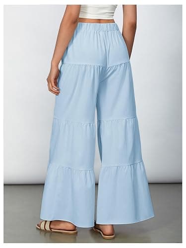 WDIRARA Women's Flowy Boho Elastic High Waist Ruffle Hem Wide Leg Beach Loose Palazzo Pants thumbnail 4