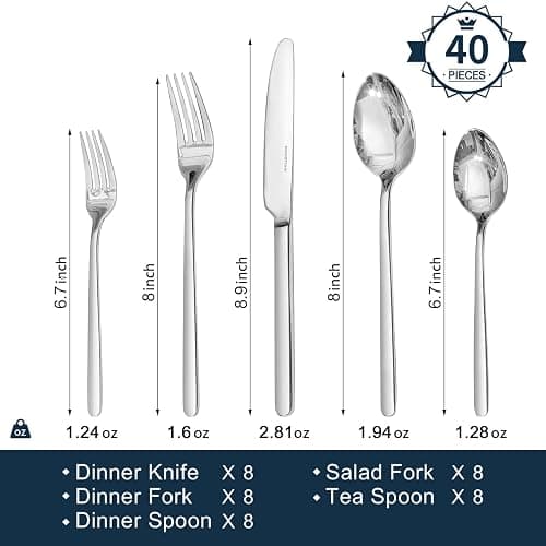 KINGSTONE 40 Piece Silverware Set, Flatware Set for 8, 18/10 Stainless Steel Cutlery Set Mirror Polished Modern Design Dishwasher Safe thumbnail 2