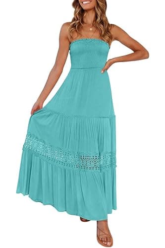 ZESICA Women's 2026 Summer Bohemian Strapless Off Shoulder Lace Trim Backless Flowy A Line Beach Long Maxi Dress - Image 1