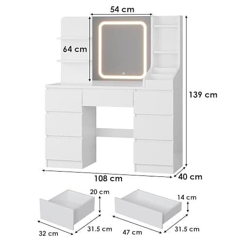TRIUMPHKEY Dressing Table, Vanity Desk with LED Mirror,White | Vanity Table with 7 Drawers, 4 Shelves and 3 Open Compartments for Bedroom, 108x40x139cm thumbnail 2