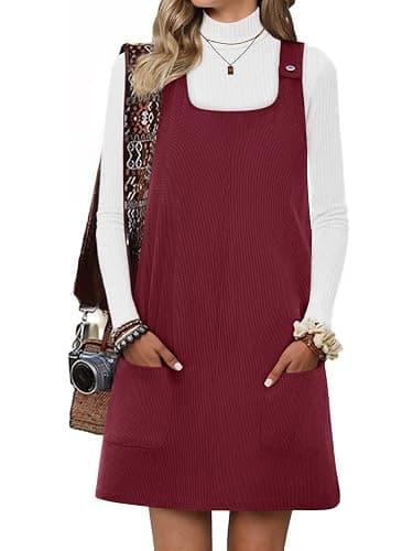Yousify Womens Corduroy Overall Dress Square Neck A Line Jumper Mini Dresses Casual Sleeveless Rompers with Pockets - Image 1