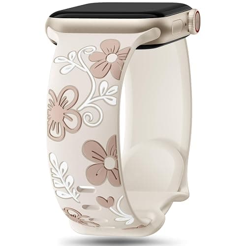 Witzon Floral Band Compatible with Apple Watch Bands For Women 40mm 41mm 38mm 42mm 44mm 45mm 46mm 49mm, Engraved Cute Flower Silicone Dressy Strap for iWatch Series 11 10 9 8 7 6 5 4 3 2 SE Ultra - Image 1