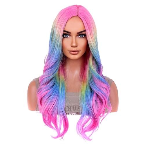 BERON Rainbow Ombre Wigs Long Wavy Wig for Women Colorful Ombre Curly Heat Resistant Synthetic Hair Wigs for Daily Used with Wig Cap - Colorful - Image 1
