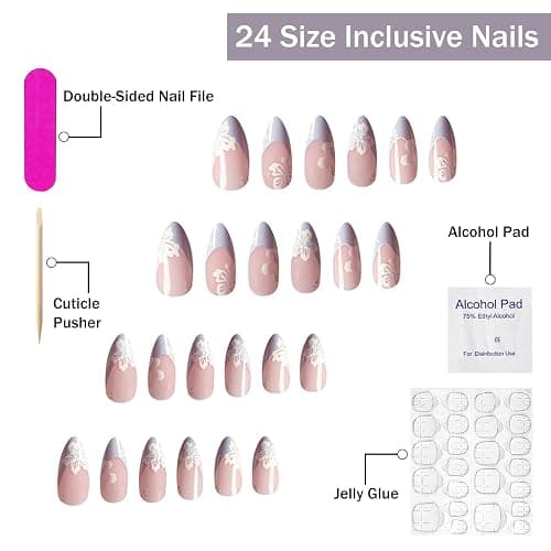 SWEKKE Short Almond Press-On Nails - Blue French Tip With White Flower Design - Glossy Stick-On Acrylic Nails for Women and Girls - 24 Pieces thumbnail 2
