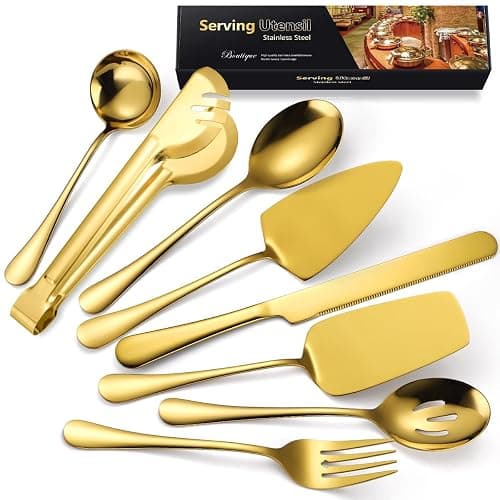 AARAINBOW Large Serving Utensils Set , 8 Pcs Metal Serving Cutlery Set for Parties, Stainless Steel Spoons Fork Tong Ladle for Buffet Catering, Hostess Chefs, Matte Gold - Image 1