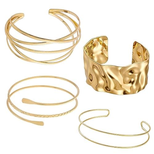 agogue 4 Stück Oberarmreif Gold, Armreif Gold Oberarm Modeschmuck Armreifen Damen, Armband Set Minimalistischer Goldene Armreifen, Adjustable Armreif für Damen - Image 1