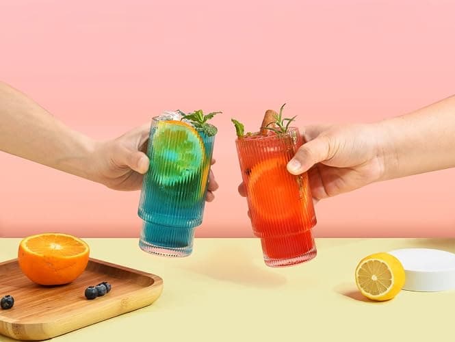 ALINK Glassware 4pcs Set,Water Drinking Glasses Cups 11 oz with Bamboo Lids and Glass Straws, Vintage Iced Coffee Cups, Origami thumbnail 5