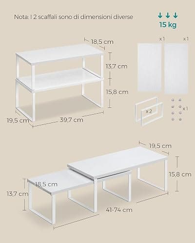 SONGMICS Organizzatori da Cucina, Set di 4 Scaffali da Banco, Portaoggetti per Armadietto, Impilabile, Espandibile, Metallo e Legno Ingegnerizzato, Bianco Nuvola e Bianco Neve KCS028W01 thumbnail 3