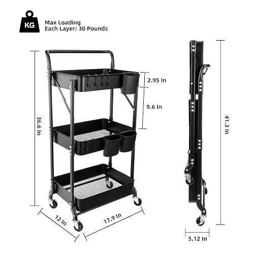 3 Tier Foldable Rolling Cart with Wheels, Folding Utility Cart Organizer, Collapsible Rolling Storage Cart with 3 Hanging Cups & 6 Hooks for Kitchen, Office, Nursery(Black) thumbnail 3