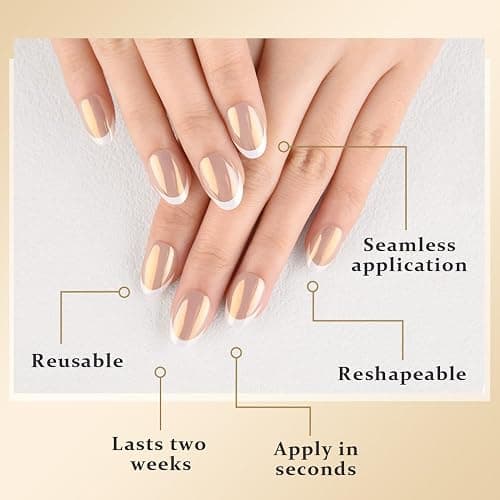evpct Nude White French Tip Chrome Glazed Press on Nails Short Round Oval | No Glue, Women Manicure with Kit, Soft Reusable, Perfectly Fit, Acrylic Fake Nail, Salon-quality, Full Cover, Daily Wear thumbnail 6