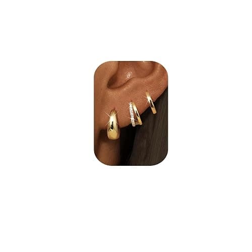 MILACOLATO 3 Pairs Small 14K Gold Plated Hoop Earrings for Women Trendy Hypoallergenic Cartilage Hoop Earring Stacks Silver Plated Huggie Hoops Earring Sets for Multiple Piercing Chunky Double Jewelry - Image 1