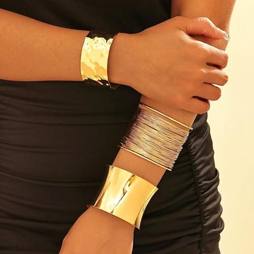 Abiotp 3PCS Gold Chunky Cuff Bracelets for Women Irregular Minimalist Statement Bangle Bracelets Set Open Wide Bangle Arm Cuff Upper Arm Punk Jewelry thumbnail 3
