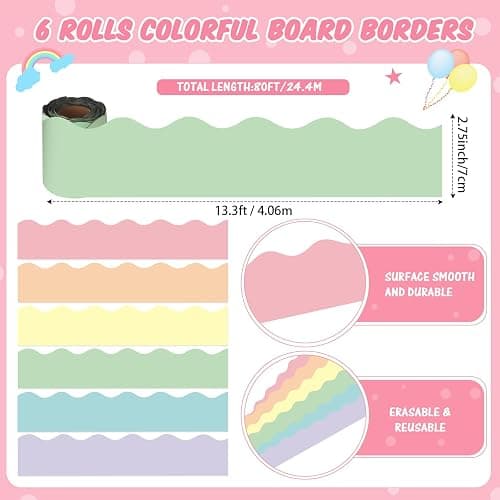 Tenceur 80 ft Magnetic Borders for Bulletin Board, 2.76 inch Magnetic Borders for Classroom, Bulletin Board Border for Whiteboard School Office Wall Poster Chalkboard Decor(Pastel Color) thumbnail 3