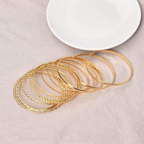 Boho Gold Bangle Bracelets for Women Bohemian Stackable Bracelets Sets for Women Dainty Round Bracelet Metal Aztec Multi Bangle Bracelets for Women Textured Bangles Bracelet Accessories 12 Pcs thumbnail 6