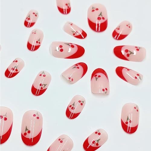 Mkwntg 24pcs Cherry Press-on Nails Short Square Plastic False Nails Multicolor French Tips Glossy Full Cover Reusable Summer Nail Set thumbnail 2