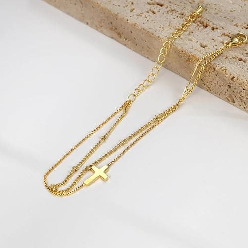 Cross Bracelet for Women，Dainty 14k Gold Plated Pearl Bridesmaid Bracelets for Women Small Wrist, Trendy Stack Thin Chain Sunflower Bracelet Gold Jewelry for Womens Baptism Gift thumbnail 5