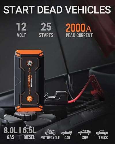 Powrun P-ONE Jump Starter, 2000A Portable Jump Box - Car Jump Starter Battery Pack for up to 8.0L Gas and 6.5L Diesel Engines, 12V Battery Jump Starter with Carry Case (Orange) thumbnail 2