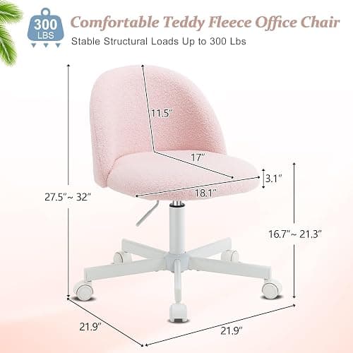 VINGLI Cute Candy Chair Armless Comfy Small Office Desk Vanity Chair with Wheels & Lumbar Support,Teddy Adjustable Rolling Swivel Computer Task Ch for Home Office,Bedroom,Gentle Pink thumbnail 2