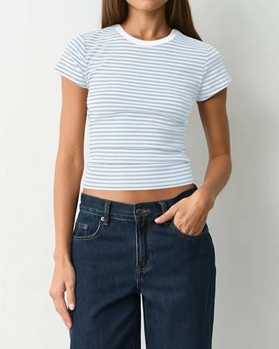 BAIGRAM Women Preppy Striped Short Sleeve Crop Tshirt Tops Y2K Aesthetic Crewneck Slim Fit Baby Tee Summer Minimalist Outfits thumbnail 2