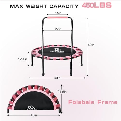 AOTOB 40/48" Fitness Trampoline for Adult, Max Load 450 LBS, Foldable Mini Trampoline with Durable Bungees,Small Rebounder Exercise Trampoline with Bar for Workout for Quiet & Safely Cushioned Bounce thumbnail 2